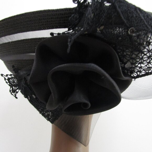 TALL Breton Sheer Church Hat Black Horsehair Pouf Satin Bow - Picture 5 of 12